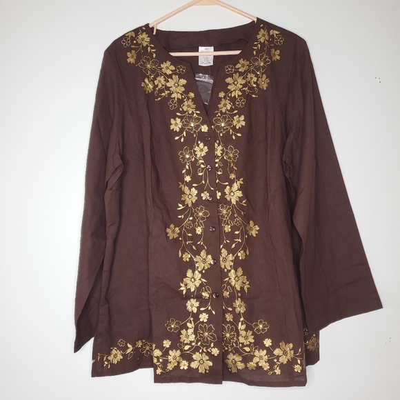 Womens Linen Cotton Top Shirt Size 2X Brown Floral Boho Chic Lagenlook Fall - Picture 1 of 9